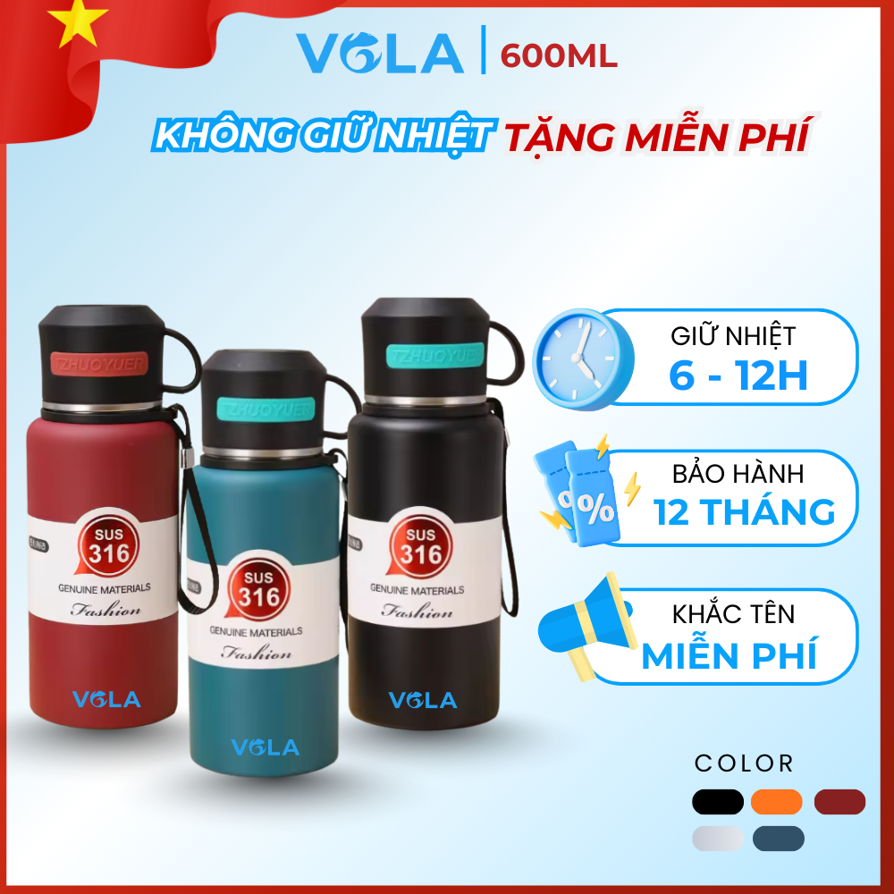 Bình giữ nhiệt VOLA 600ml inox 316 cao cấp, Bình giữ nhiệt có quai xách kèm ly uống tiện lợi