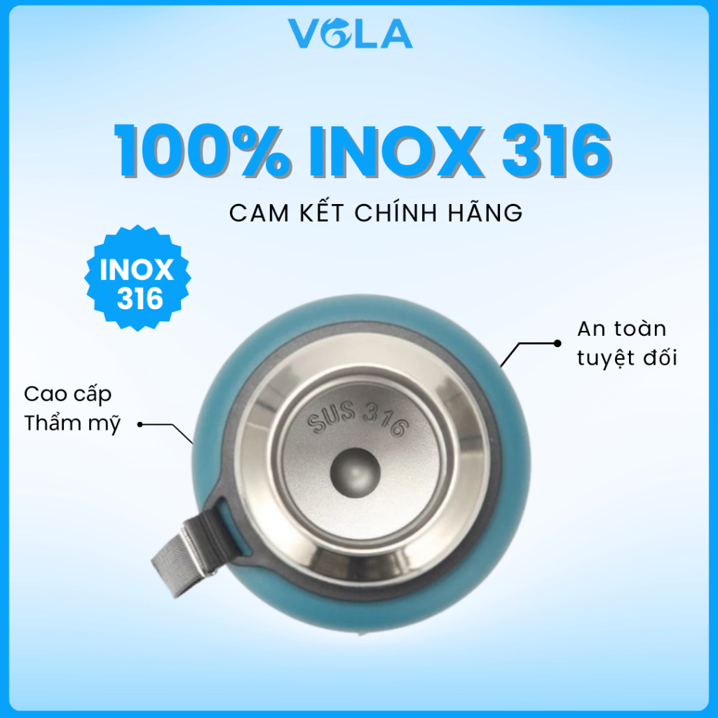 Bình giữ nhiệt VOLA 600ml inox 316 cao cấp, Bình giữ nhiệt có quai xách kèm ly uống tiện lợi