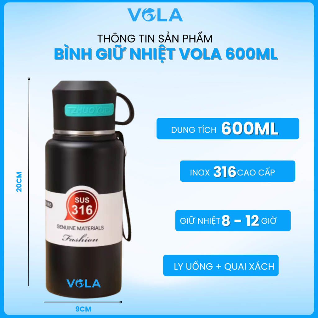Bình giữ nhiệt VOLA 600ml inox 316 cao cấp, Bình giữ nhiệt có quai xách kèm ly uống tiện lợi