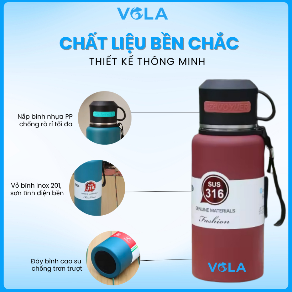 Bình giữ nhiệt VOLA 600ml inox 316 cao cấp, Bình giữ nhiệt có quai xách kèm ly uống tiện lợi