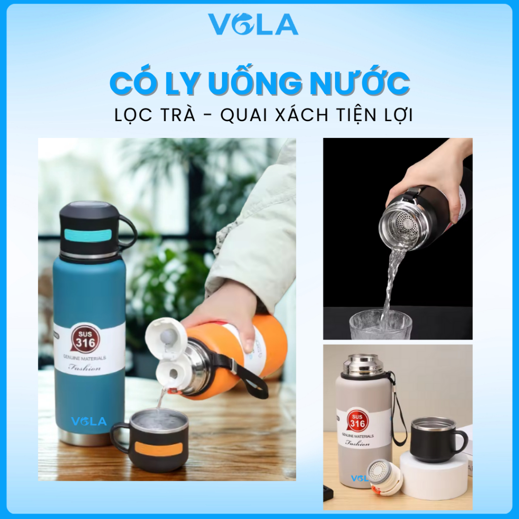 Bình giữ nhiệt VOLA 600ml inox 316 cao cấp, Bình giữ nhiệt có quai xách kèm ly uống tiện lợi