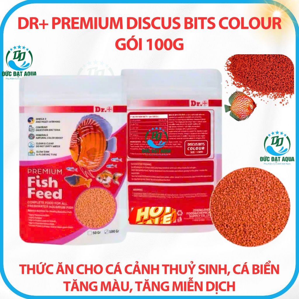 Thức ăn cá cảnh thuỷ sinh, tăng màu, tăng miễn dịch Dr+ Premium Discus Bits Colour gói 100g