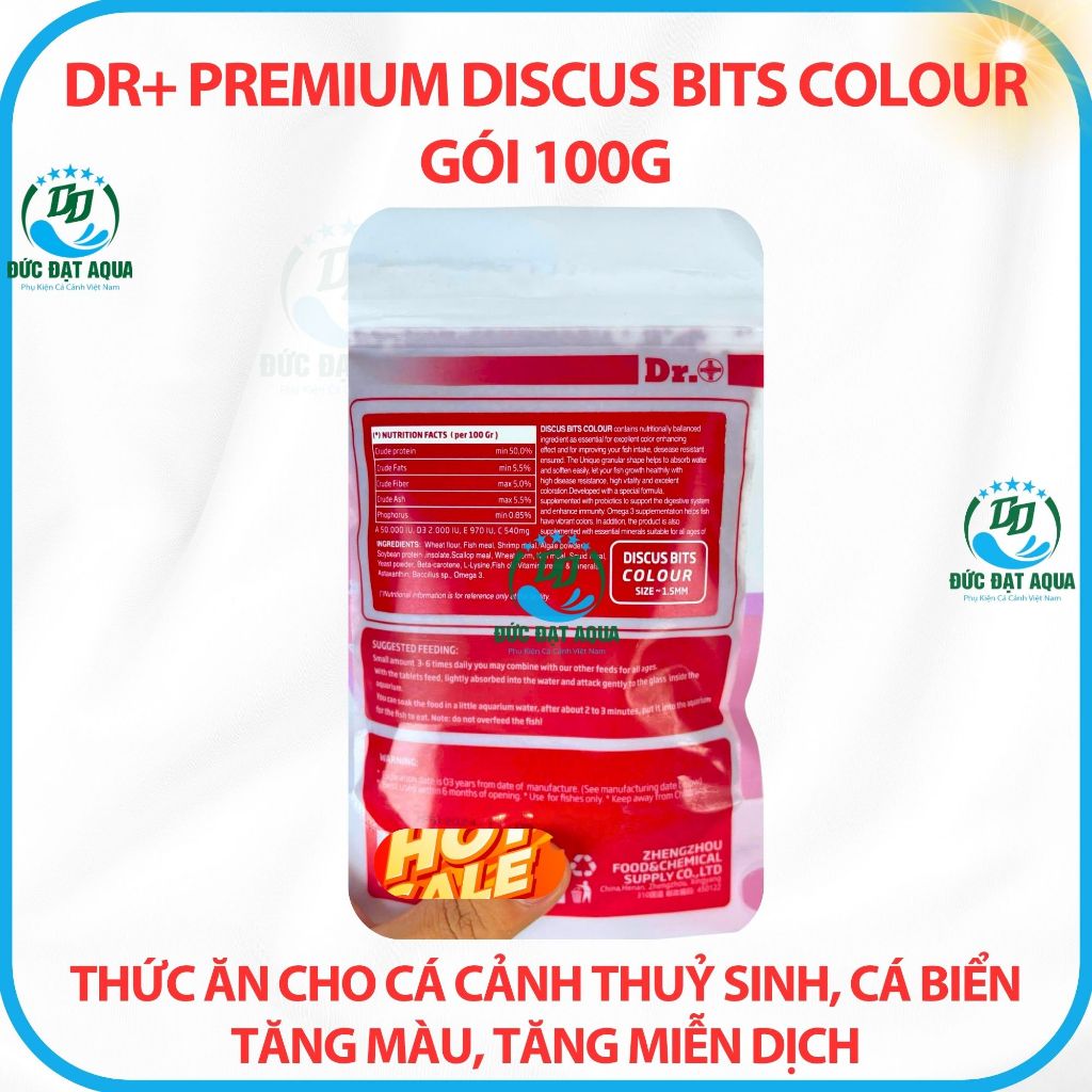 Thức ăn cá cảnh thuỷ sinh, tăng màu, tăng miễn dịch Dr+ Premium Discus Bits Colour gói 100g 3