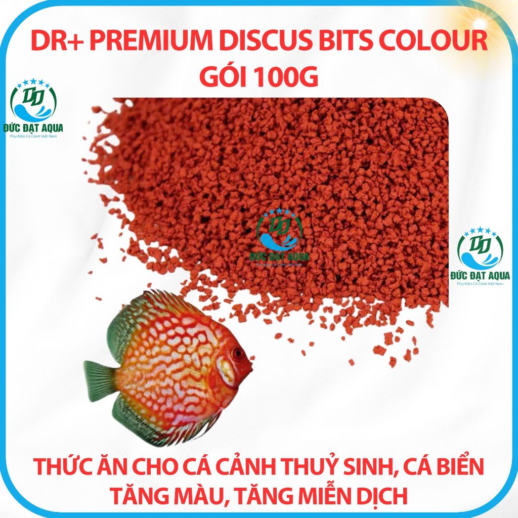 Thức ăn cá cảnh thuỷ sinh, tăng màu, tăng miễn dịch Dr+ Premium Discus Bits Colour gói 100g 9