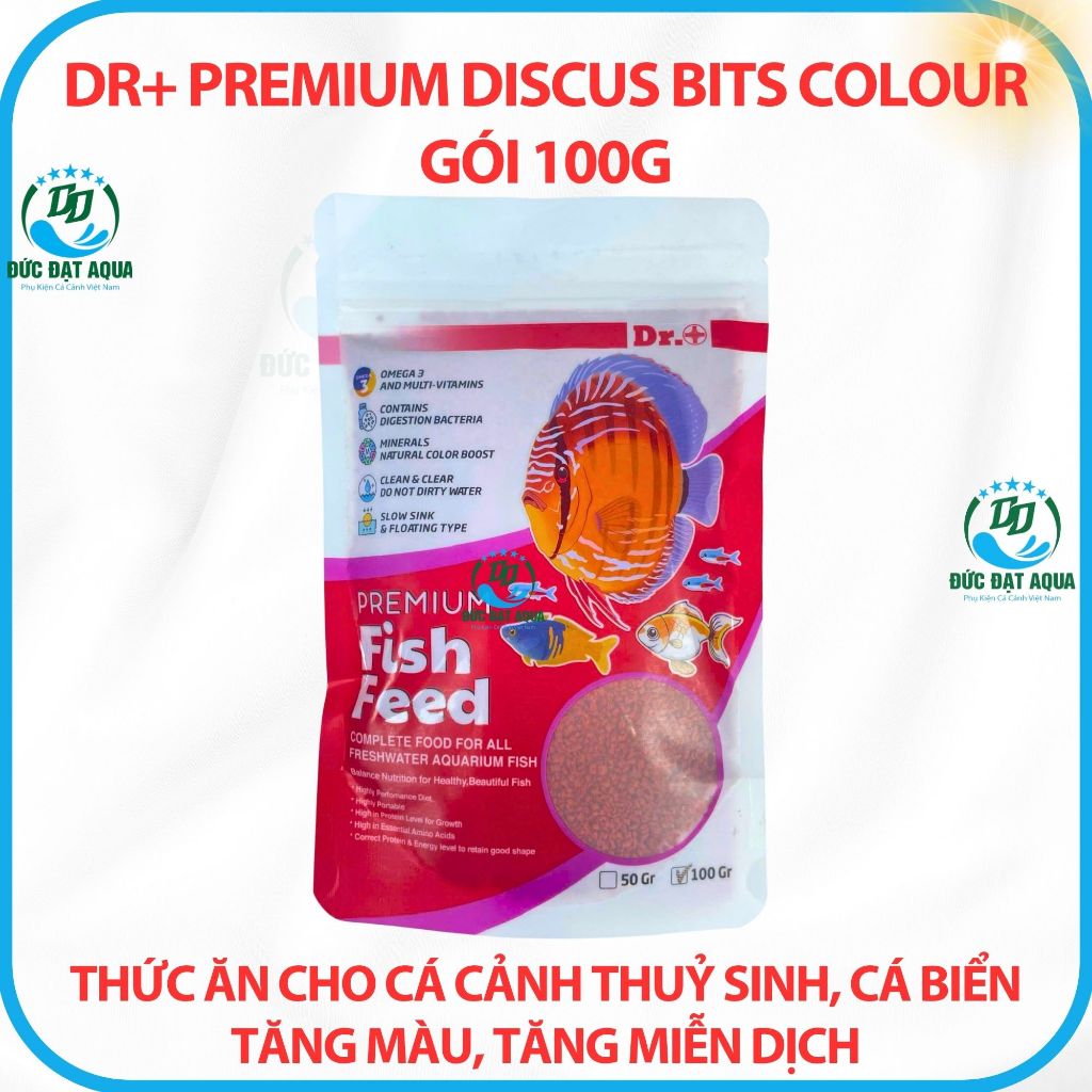 Thức ăn cá cảnh thuỷ sinh, tăng màu, tăng miễn dịch Dr+ Premium Discus Bits Colour gói 100g 8
