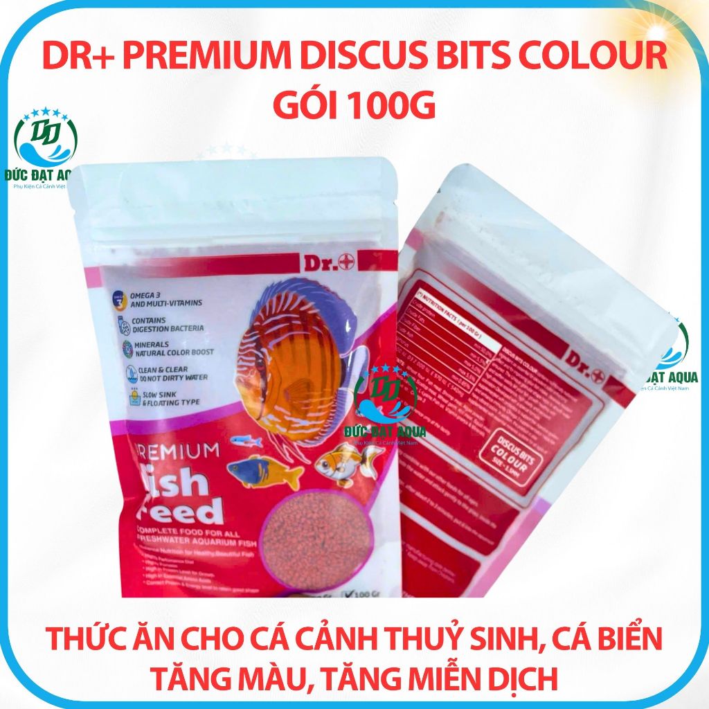 Thức ăn cá cảnh thuỷ sinh, tăng màu, tăng miễn dịch Dr+ Premium Discus Bits Colour gói 100g 4
