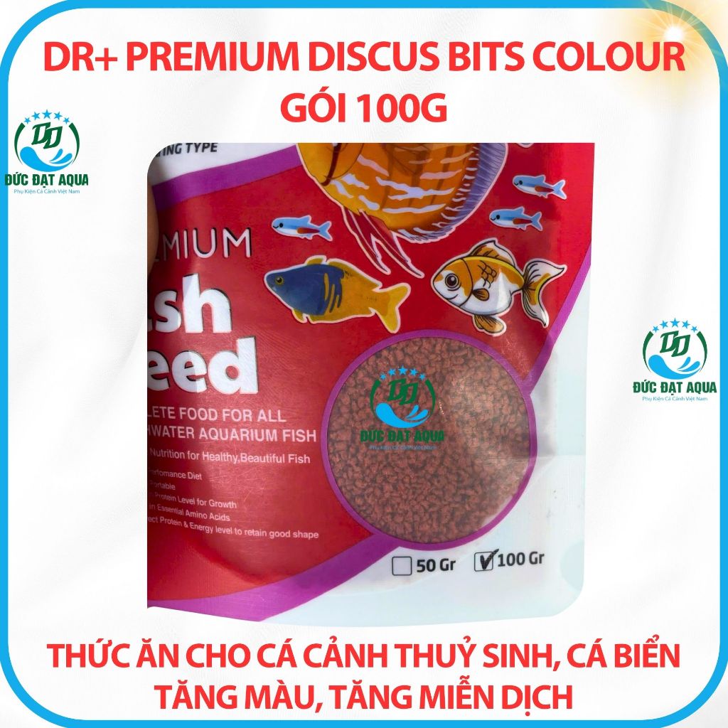 Thức ăn cá cảnh thuỷ sinh, tăng màu, tăng miễn dịch Dr+ Premium Discus Bits Colour gói 100g 7