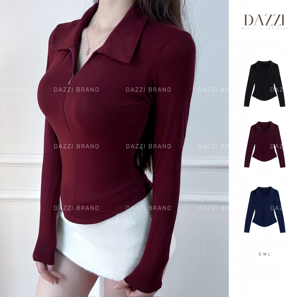 Áo thun nữ cổ bẻ tay dài phối dây kéo ôm dáng vạt bầu vải cotton mịn DAZZI Polo Women TD022