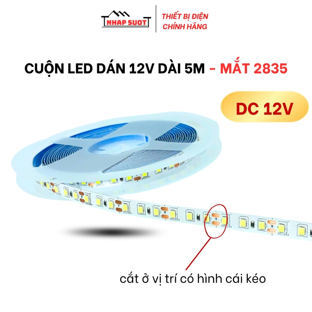 Cuộn led 5m 12v mắt 2835, chạy điện DC 12v, ánh sáng trắng - trung tính ...