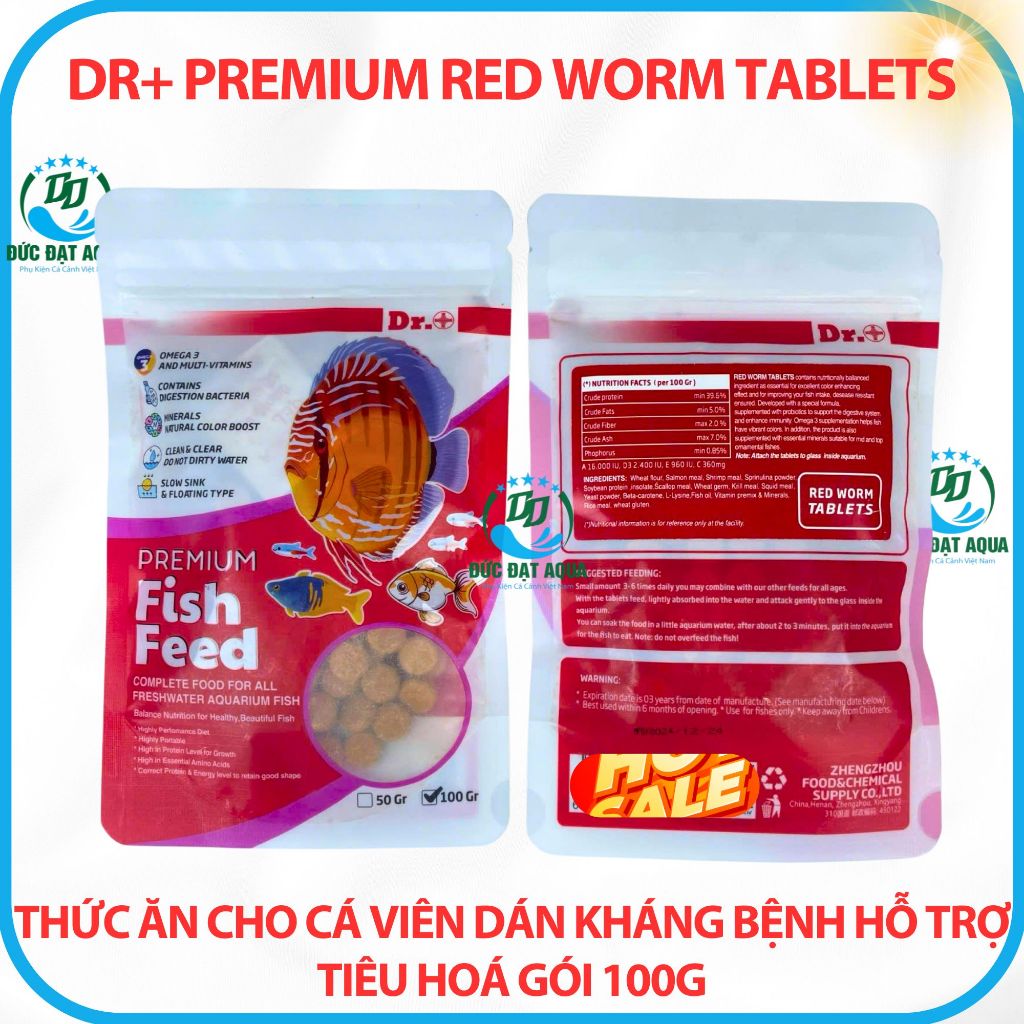Thức ăn cho cá cảnh, viên dán kháng bệnh hỗ trợ tiêu hoá gói 100g Dr+ Premium Red Worm Tablets 3