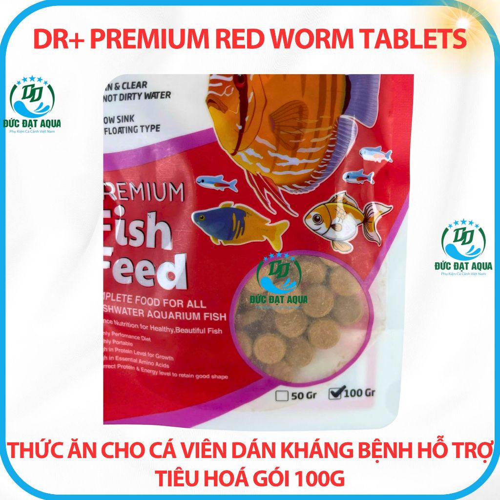 Thức ăn cho cá cảnh, viên dán kháng bệnh hỗ trợ tiêu hoá gói 100g Dr+ Premium Red Worm Tablets 5