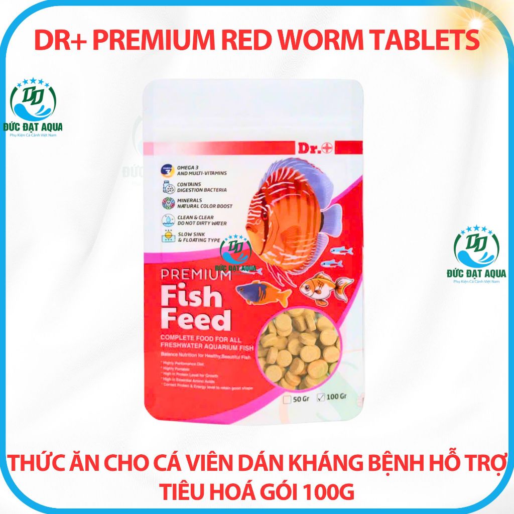 Thức ăn cho cá cảnh, viên dán kháng bệnh hỗ trợ tiêu hoá gói 100g Dr+ Premium Red Worm Tablets 8