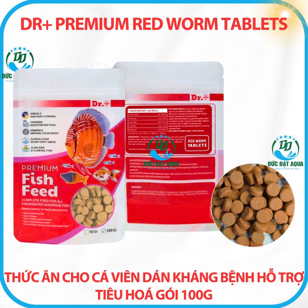 Thức ăn cho cá cảnh, viên dán kháng bệnh hỗ trợ tiêu hoá gói 100g Dr+ Premium Red Worm Tablets 6