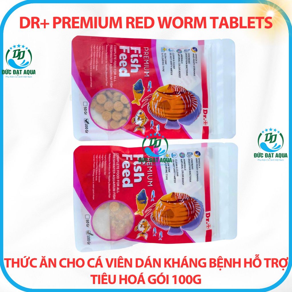 Thức ăn cho cá cảnh, viên dán kháng bệnh hỗ trợ tiêu hoá gói 100g Dr+ Premium Red Worm Tablets 4