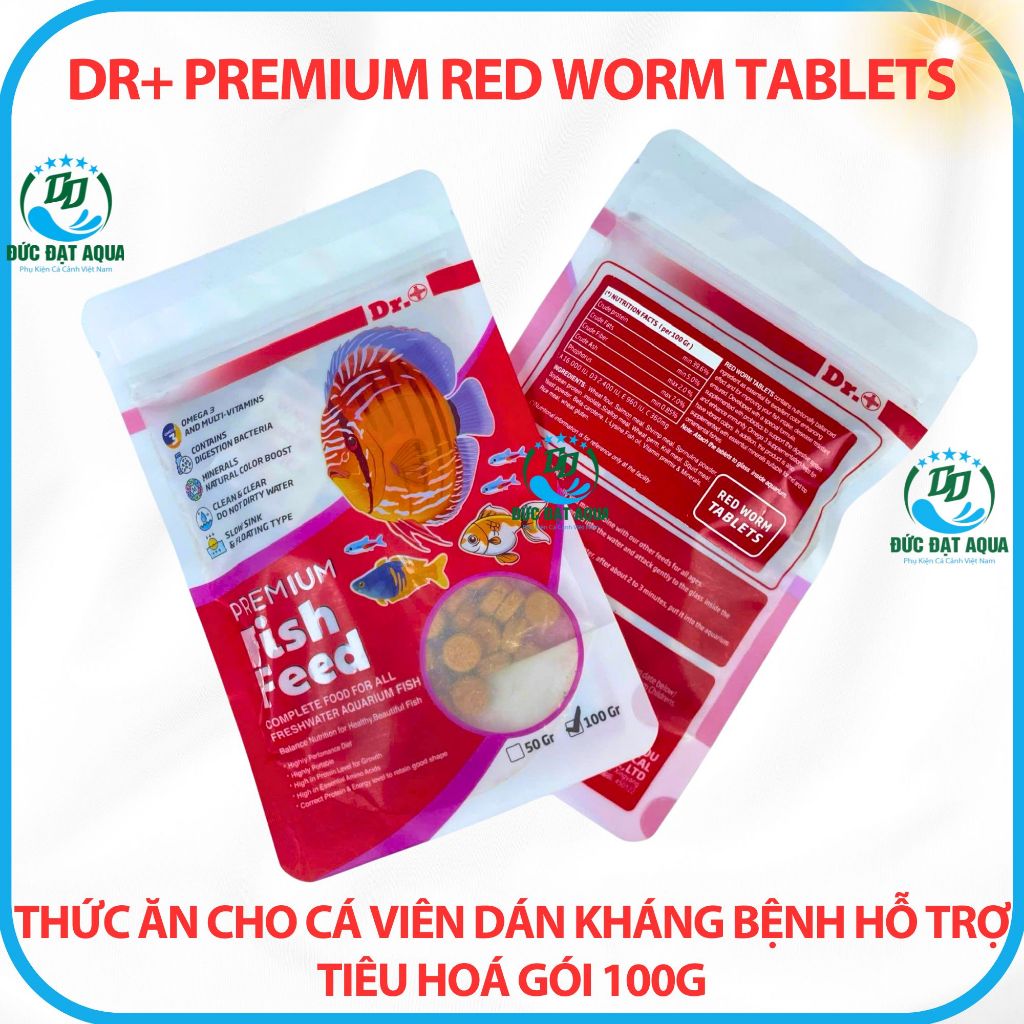 Thức ăn cho cá cảnh, viên dán kháng bệnh hỗ trợ tiêu hoá gói 100g Dr+ Premium Red Worm Tablets