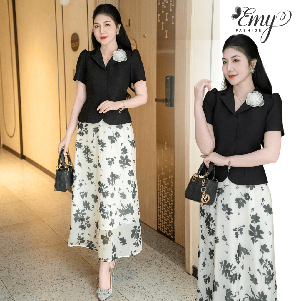 Chân Váy Voan Dài EMY V9651 Dáng A Hoa Đen Trắng Tiểu Thư Công Sở Dự Tiệc Cao Cấp