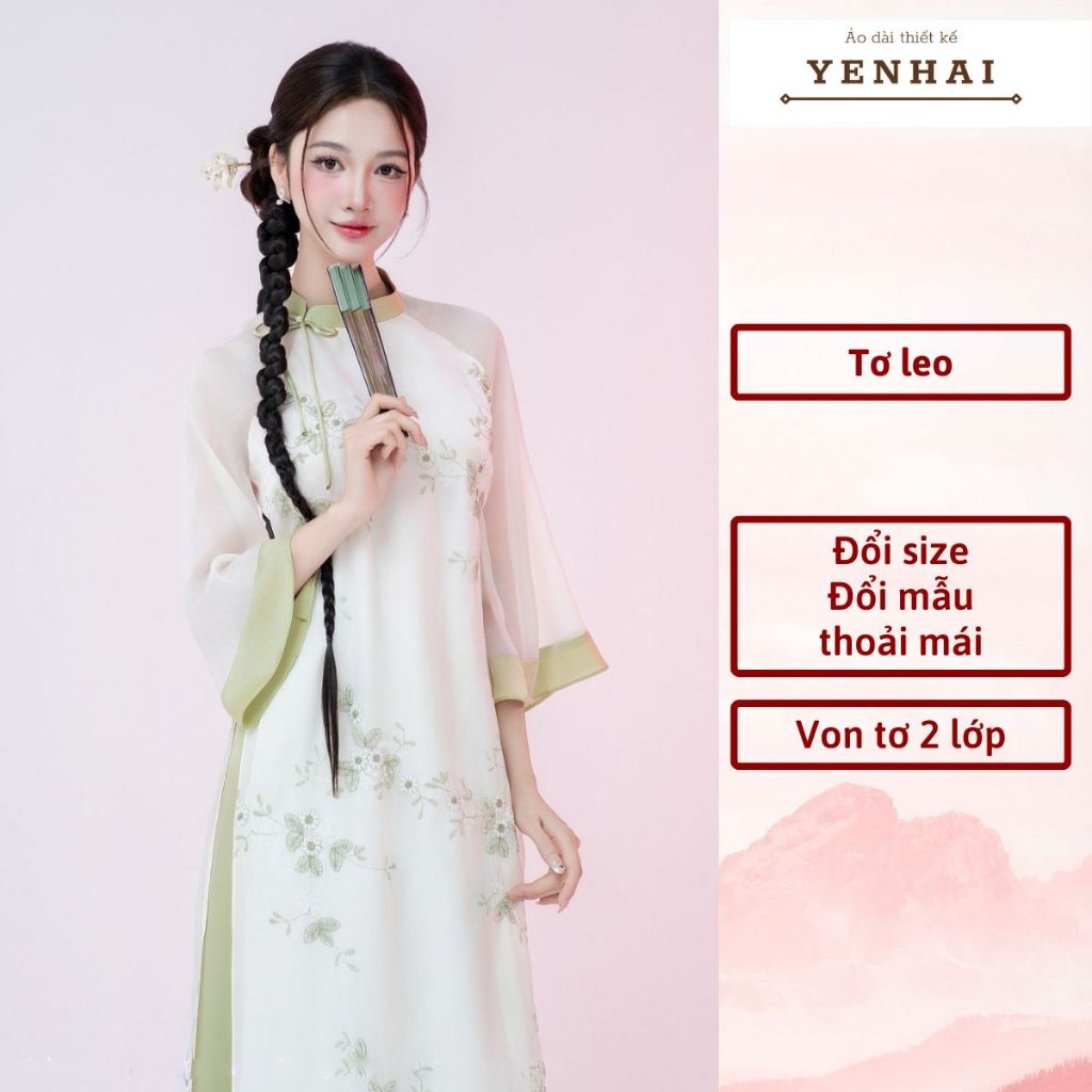 Áo dài cách tân cúc viên thiết kế cổ lệch đính nơ trẻ trung chất von tơ thêu hoa
