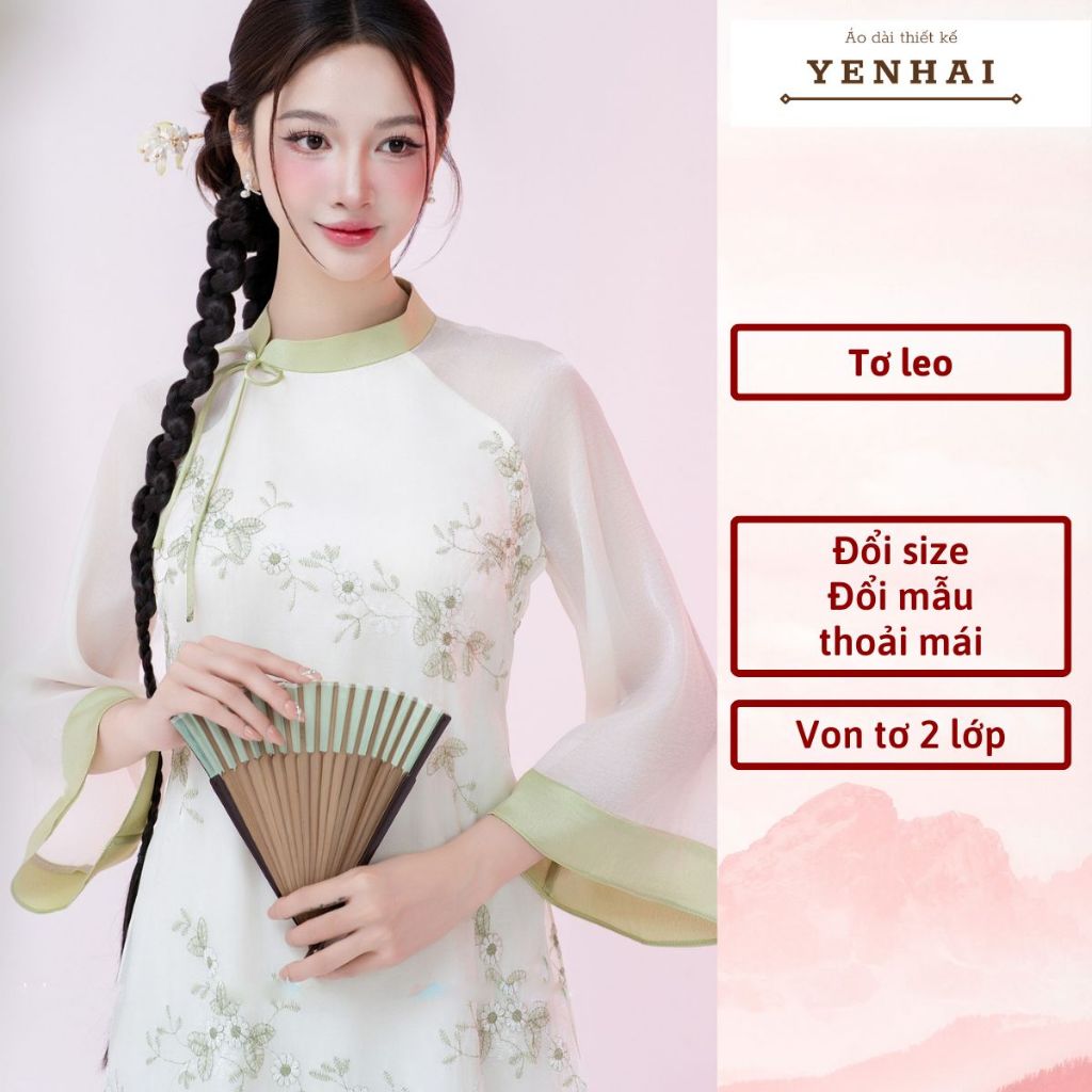Áo dài cách tân cúc viên thiết kế cổ lệch đính nơ trẻ trung chất von tơ thêu hoa