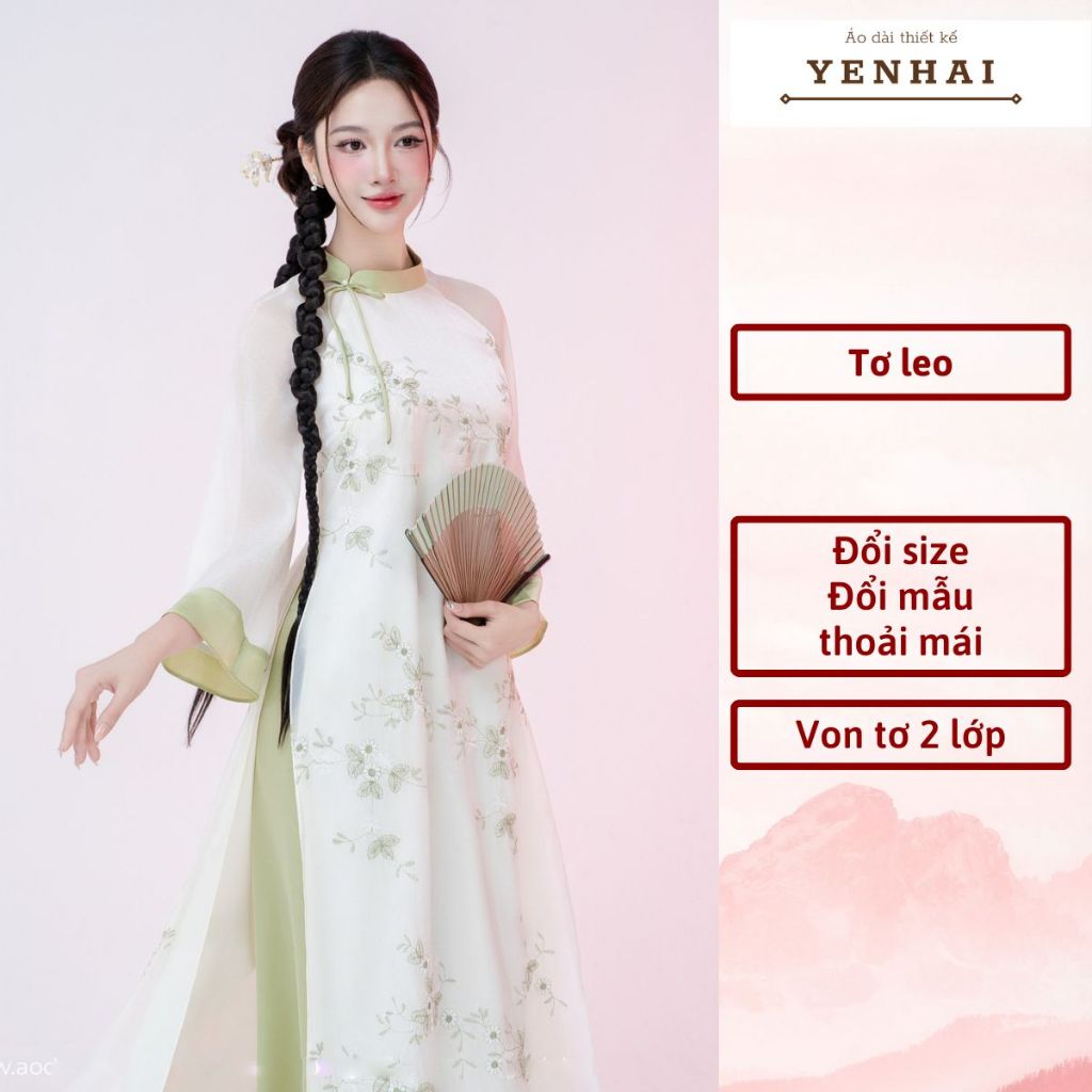 Áo dài cách tân cúc viên thiết kế cổ lệch đính nơ trẻ trung chất von tơ thêu hoa