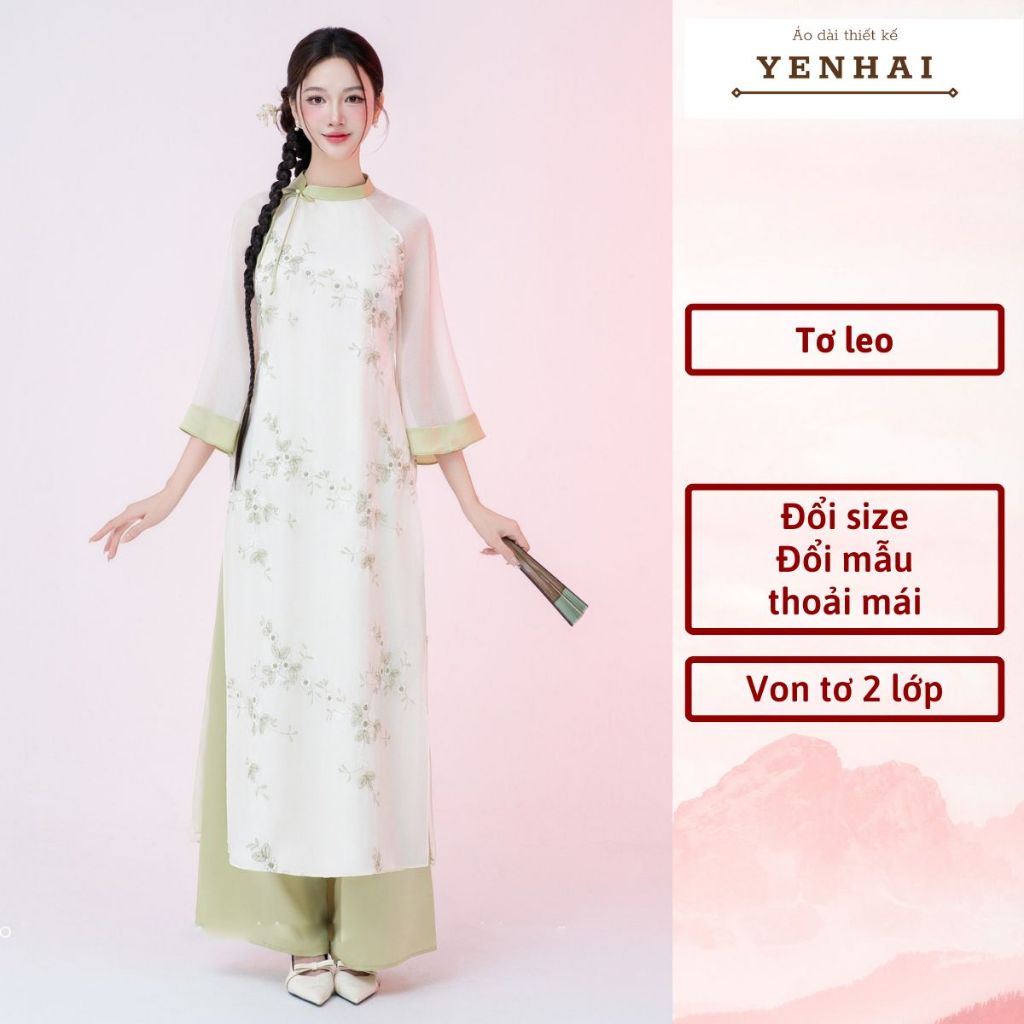 Áo dài cách tân cúc viên thiết kế cổ lệch đính nơ trẻ trung chất von tơ thêu hoa
