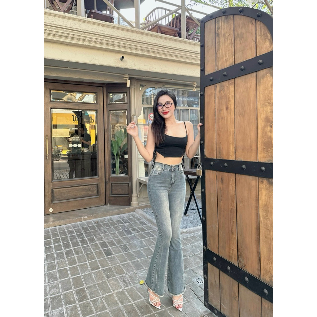 101-103cm Quần Jeans Nữ Lưng Cao Ống Loe Dài Kiểu Tua Tua Tôn Dáng Thời Trang