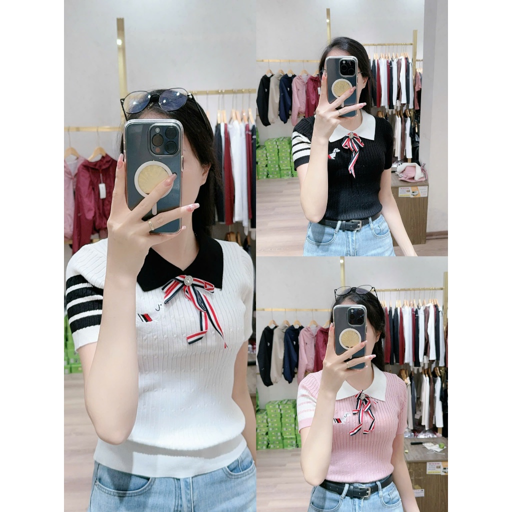 Len Cổ Đức Tay Viền Kẻ , Cổ Găn Nơ Xinh Chất Len Mongtaghi