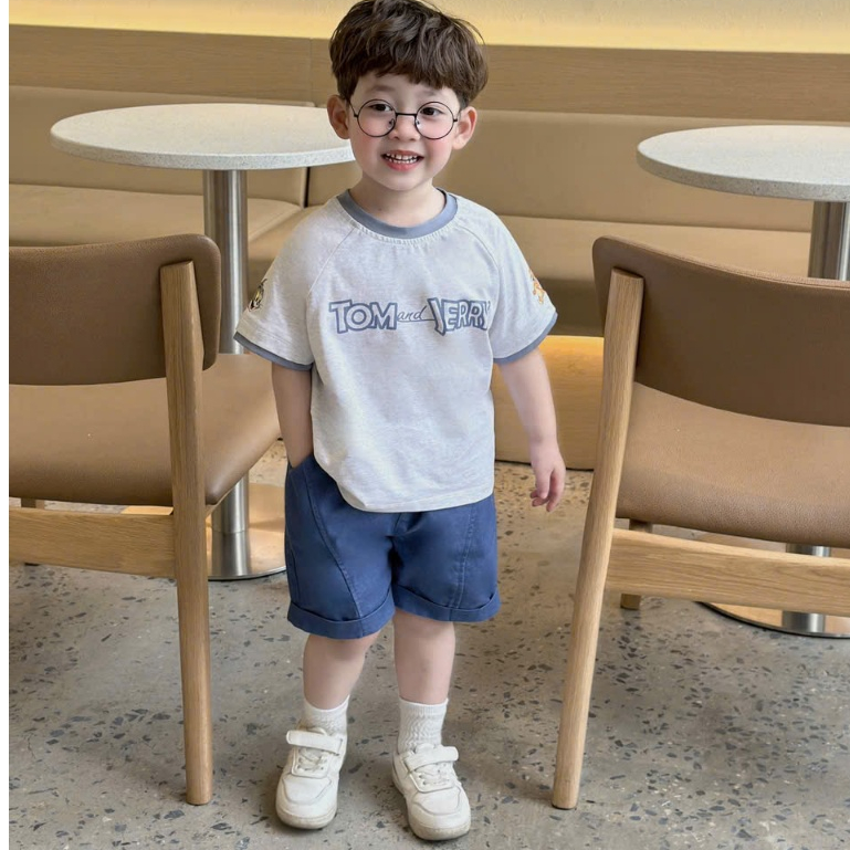 Bộ quần áo cộc tay in chữ TOM & JERY CHO BÉ TRAI, áo chất COTTON, quần bò mềm thoải mái cho bé