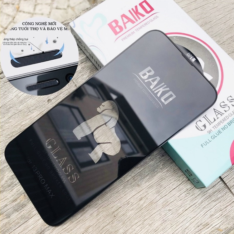 Kính cường lực Baiko bảo vệ màng loa hạn chế vân tay cho IPhone 11 12 13 14 15 16 17Promax Pro Plus