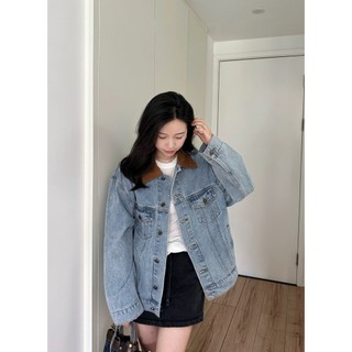 Áo Khoác Jeans Denim Jacket Nam Nữ Cổ Áo Phối Nhung Xanh Trơn Basic.