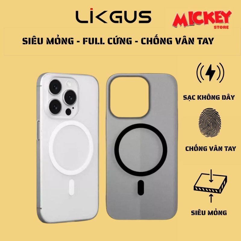 Ốp Likgus mỏng 0.5mm chống vân tay hỗ trợ sạc không dây cho IPhone 11 đến 16promax