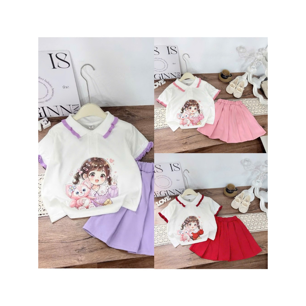 Sét váy xếp ly phổi áo polo siêu xinh cho bé gái ( Váy có lót trong )(sale 12-12)  size 9-45Kg