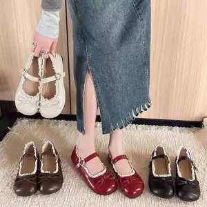 Giày Búp Bê Nữ Nơ Ren Khóa Thắt Lưng Đế Da Giày ballet Mềm Màu be nâu đen đỏ (size35-39) V088