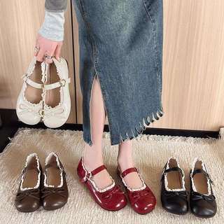 Giày Búp Bê Nữ Nơ Ren Khóa Thắt Lưng Đế Da Giày ballet Mềm Màu be nâu đen đỏ (size35-39) V088