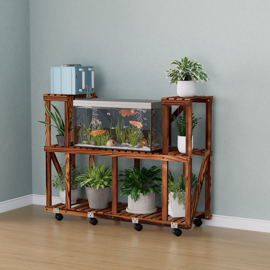 Kệ gỗ kèm bánh xe để chậu cây cảnh