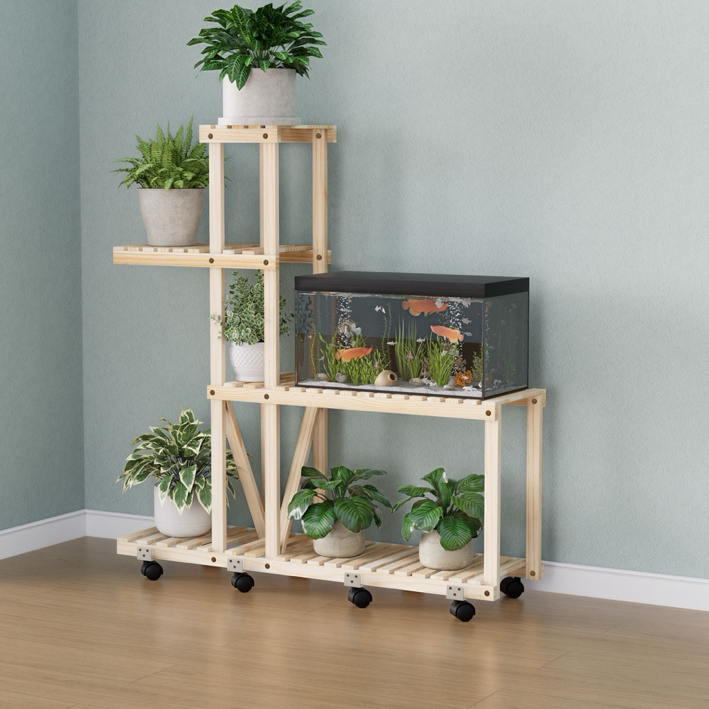 Kệ gỗ kèm bánh xe để chậu cây cảnh