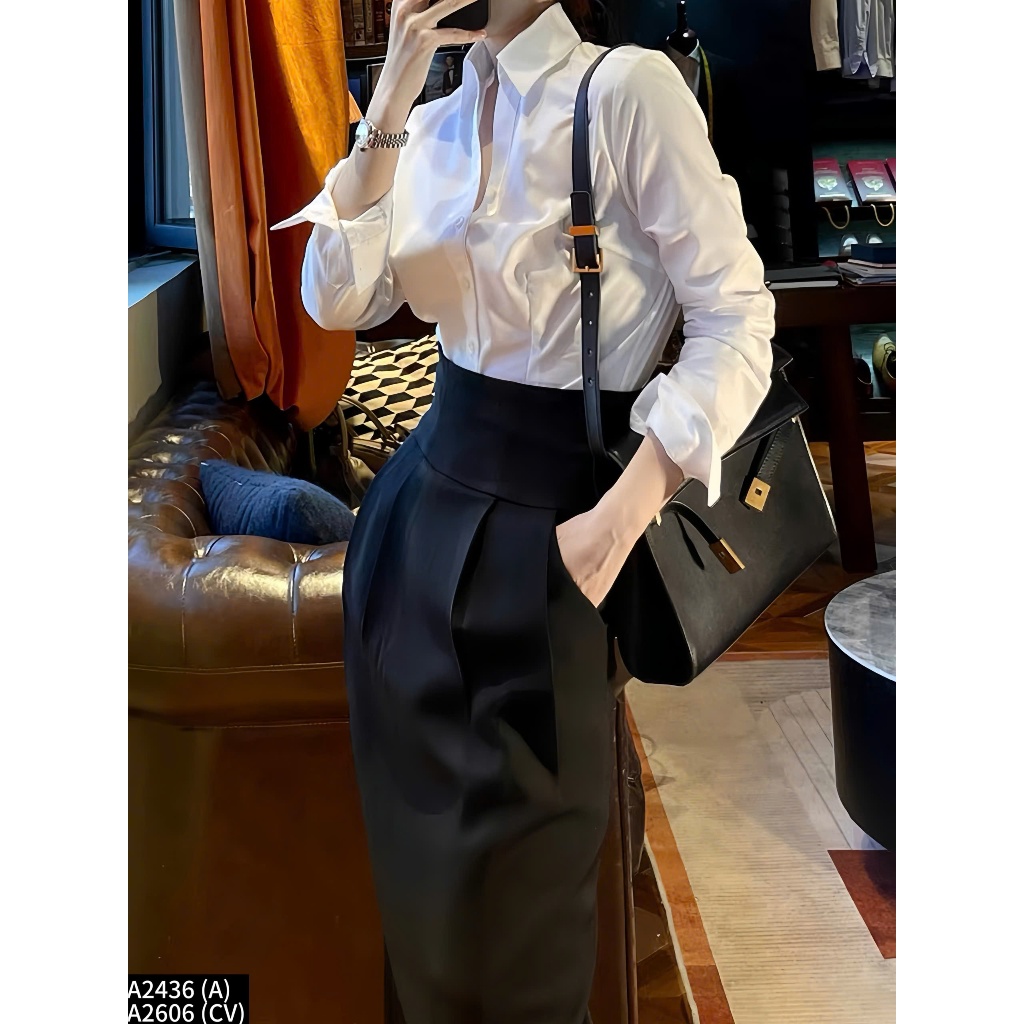 Set bộ công sở áo sơ mi phối chân váy midi dáng dài A2436