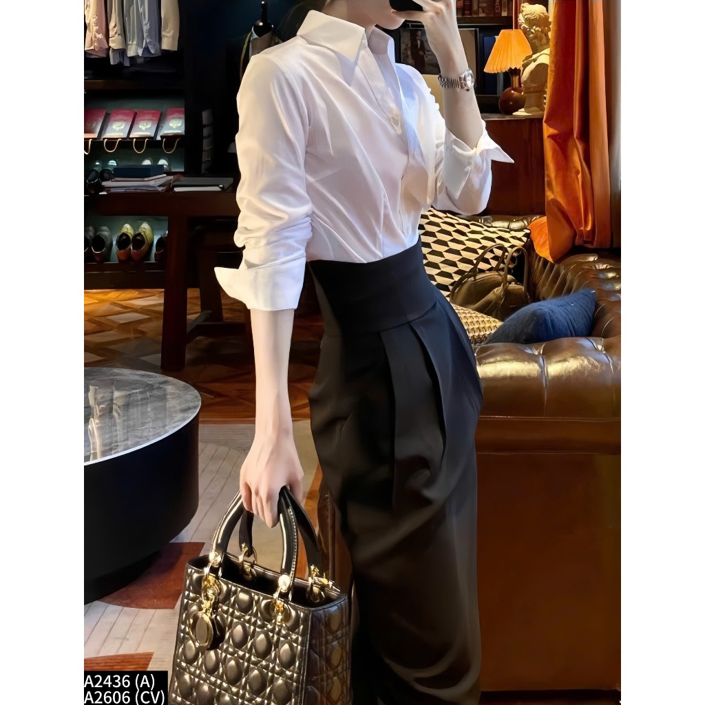 Set bộ công sở áo sơ mi phối chân váy midi dáng dài A2436