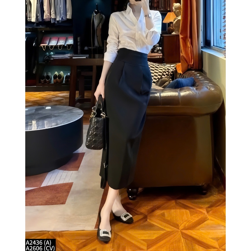 Set bộ công sở áo sơ mi phối chân váy midi dáng dài A2436
