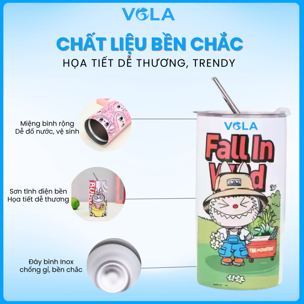 Ly giữ nhiệt VOLA 600ml inox 304 cao cấp, Cốc giữ nhiệt khắc tên có sẵn ống hút