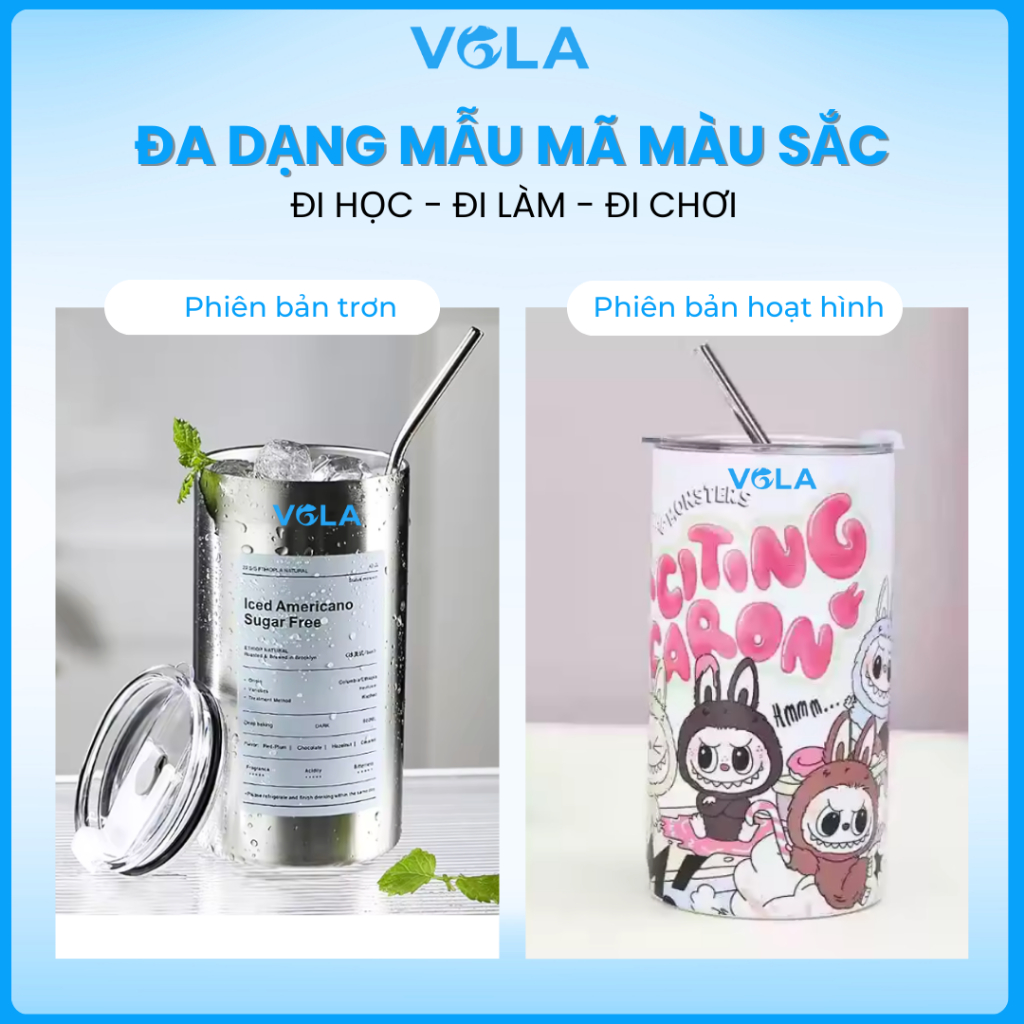 Ly giữ nhiệt VOLA 600ml inox 304 cao cấp, Cốc giữ nhiệt khắc tên có sẵn ống hút