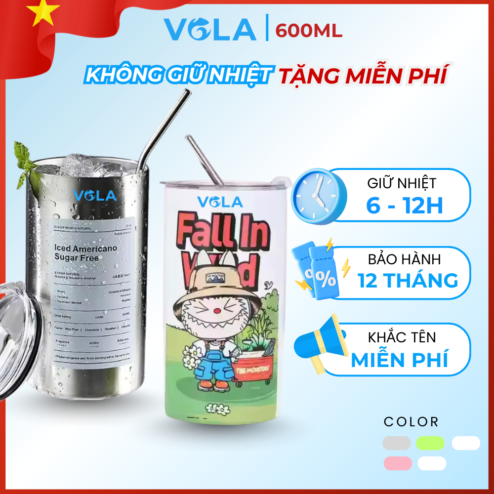 Ly giữ nhiệt VOLA 600ml inox 304 cao cấp, Cốc giữ nhiệt khắc tên có sẵn ống hút