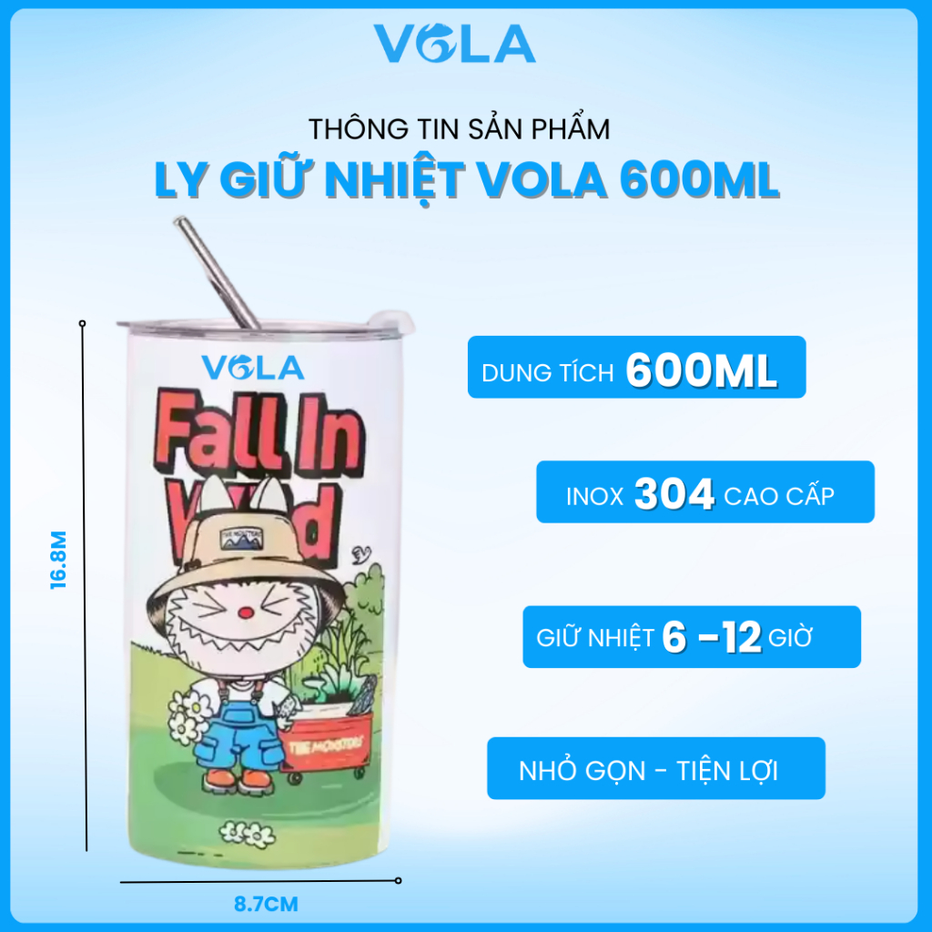 Ly giữ nhiệt VOLA 600ml inox 304 cao cấp, Cốc giữ nhiệt khắc tên có sẵn ống hút