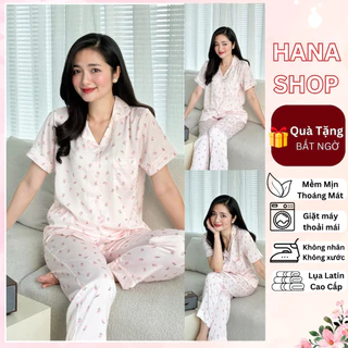 Pijama nữ lụa latin cao cấp, áo tay ngắn, quần dài, mềm, mịn, mát, Hana Shop