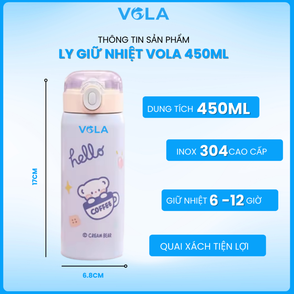 Bình giữ nhiệt VOLA 450ml inox 304, Ly giữ nhiệt dễ thương có nắp bật và ống hút, khắc tên miễn phí
