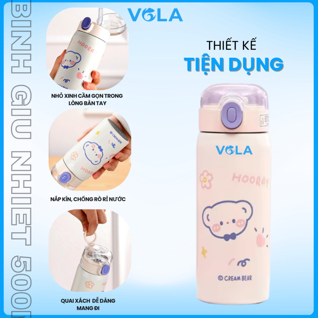 Bình giữ nhiệt VOLA 450ml inox 304, Ly giữ nhiệt dễ thương có nắp bật và ống hút, khắc tên miễn phí