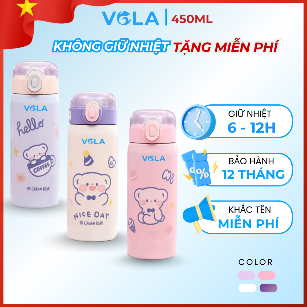 Bình giữ nhiệt VOLA 450ml inox 304, Ly giữ nhiệt dễ thương có nắp bật và ống hút, khắc tên miễn phí