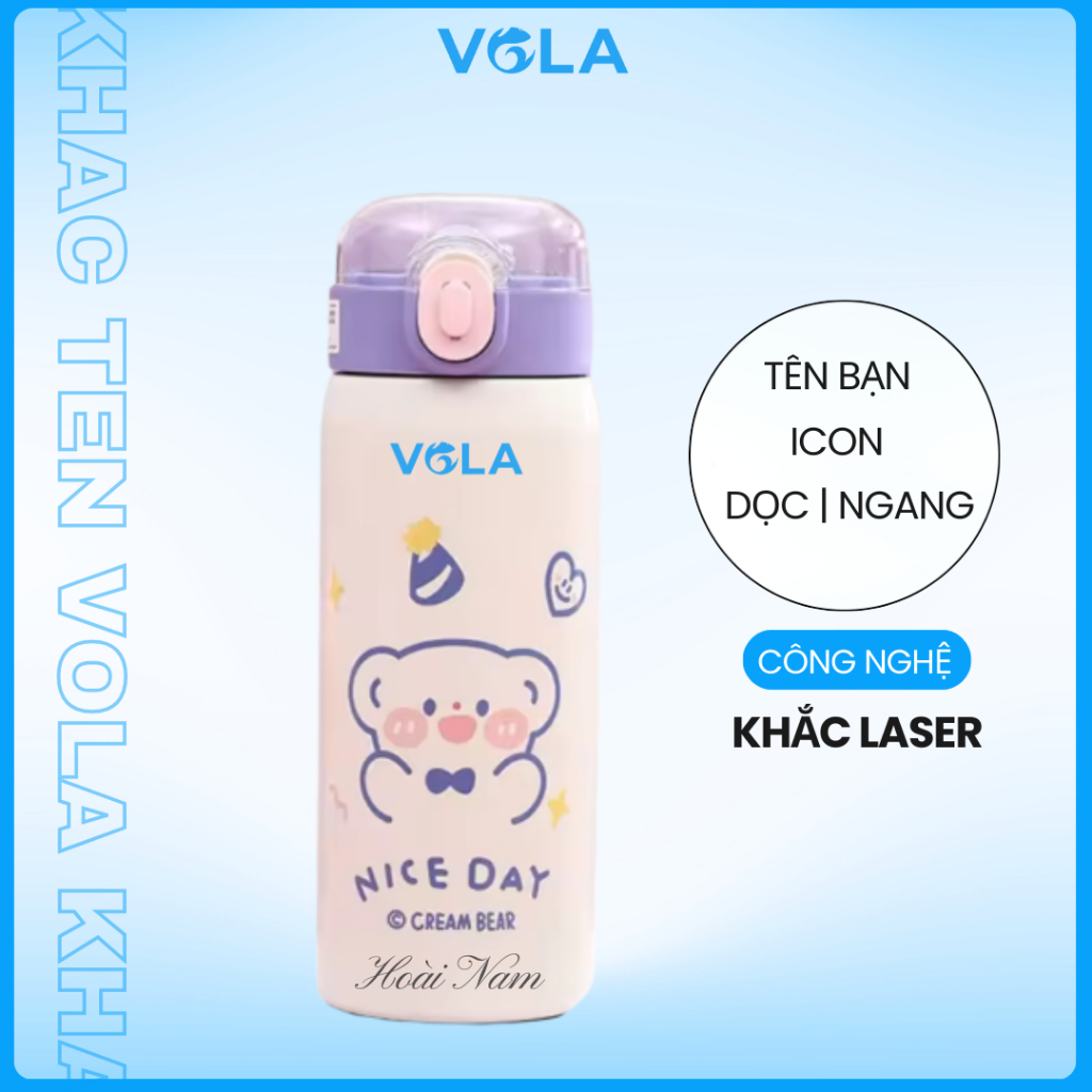 Bình giữ nhiệt VOLA 450ml inox 304, Ly giữ nhiệt dễ thương có nắp bật và ống hút, khắc tên miễn phí