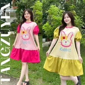 Đầm babydollVáy đuôi cá dáng rộng tay bồng họa tiết thỏ phối màu dễ thương cộc tay không cổ bigsize bầu cute trẻ T1251G