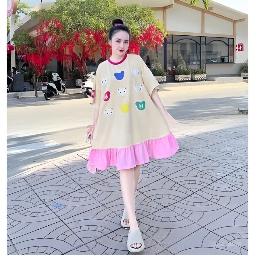 Đầm nữ Váy đuôi cá dáng babydoll cộc tay phối màu họa tiết cún cute dễ thương  dáng rộng bigsize bầy mặc được trẻ T1240G