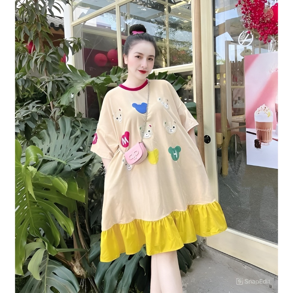 Đầm nữ Váy đuôi cá dáng babydoll cộc tay phối màu họa tiết cún cute dễ thương  dáng rộng bigsize bầy mặc được trẻ T1240G